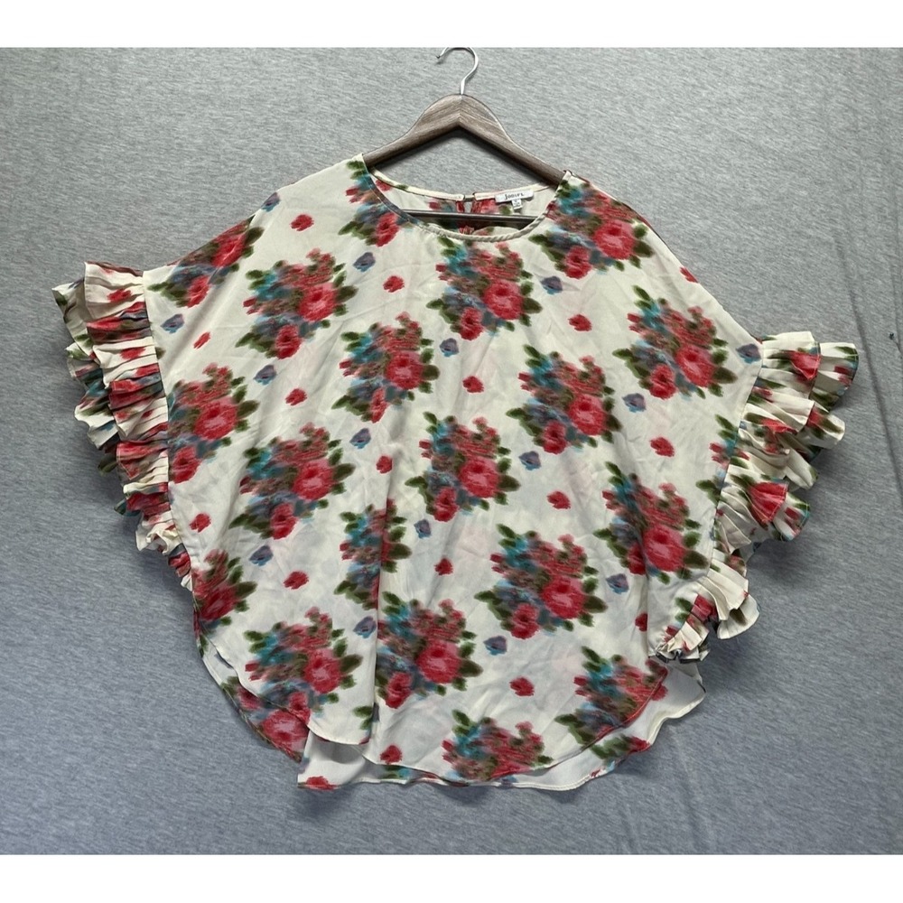 Jodifl Poncho Blouse Top Women Medium Multicolor Floral Ruffle Trim Keyhole Back